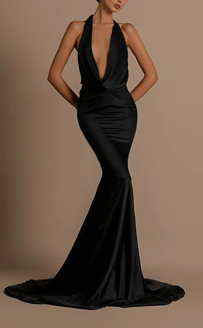 Weitese Dress Sexy Satin Trumpt Halter Empire Open Back Beaded Appliques With Train Party Evening Dress Prom Dress